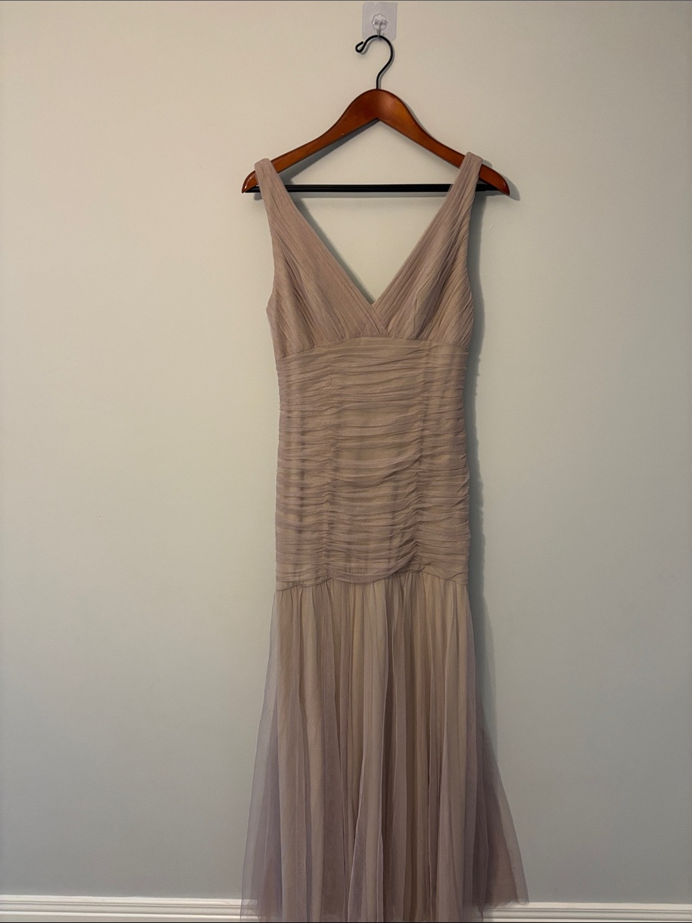 SORELLA VITA Taupe Sleeveless V-Neck Ruched Tulle Maxi Gown